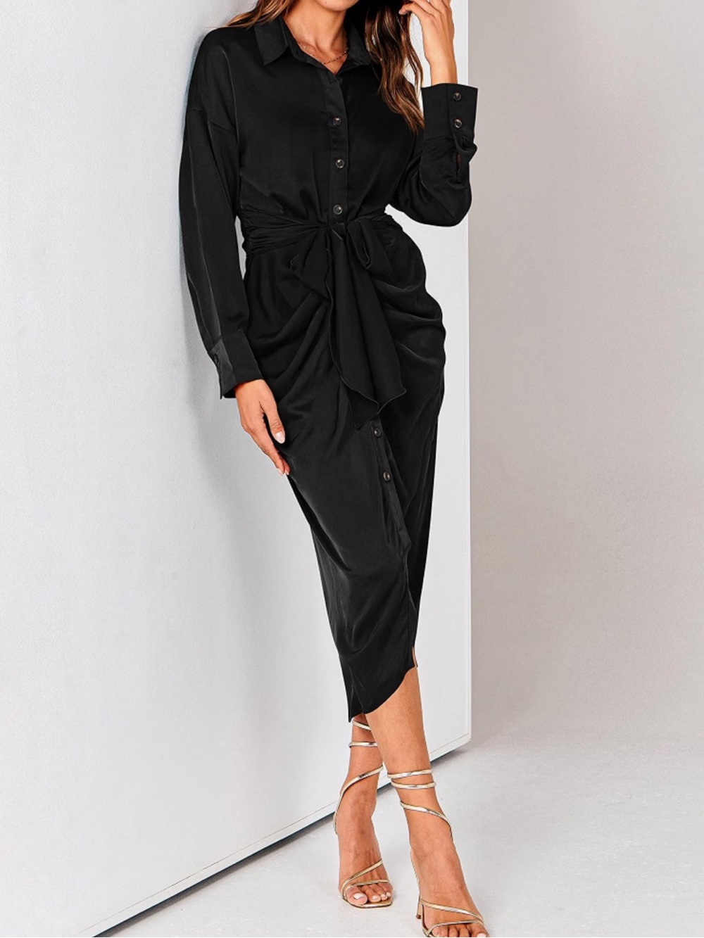 Black Tie-Waist Shirt Dress - Women's Button-Down Midi